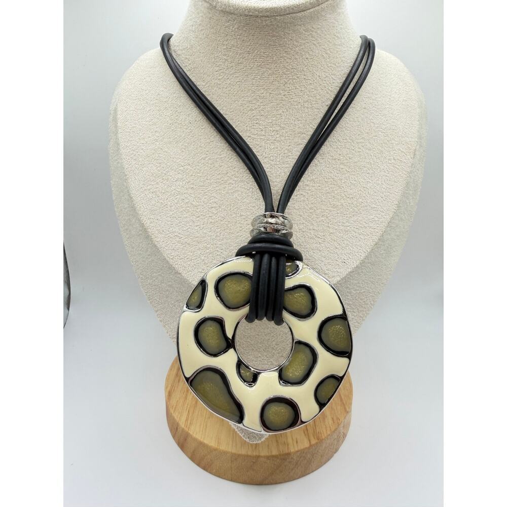 MINT SAGE POLKA DOT Chico’s Geometric Circle Pendant Cord Necklace